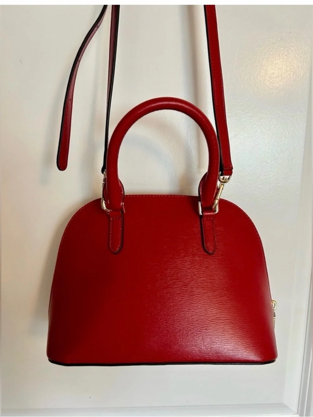 DKNY Red Saffiano Dome Satchel with Chain Charm